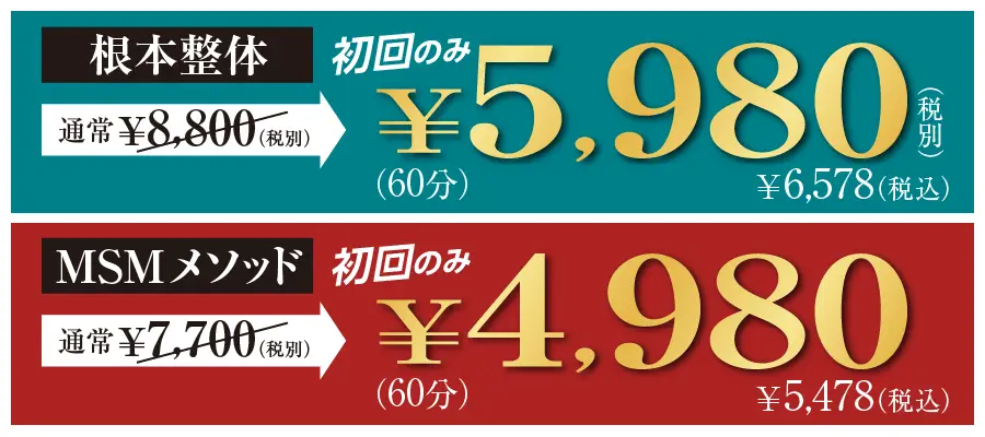 根本整体 通常9,680円のところ 初回のみ6,578円 MSMメソッド 通常8,470円のところ 初回のみ5,478円
